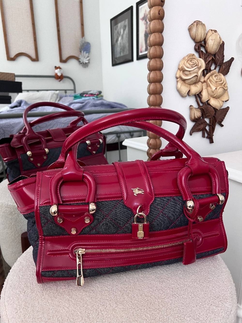 Burberry Vintage Manor Bag Red Patent Leather Quilted Denim Lock & Key